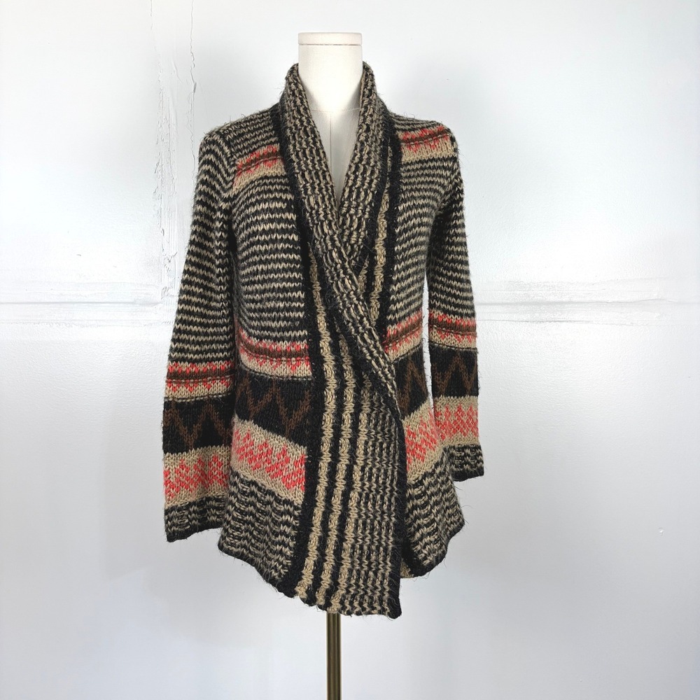 Pink Rose Southwestern Cozy Boho Knit Cardigan Sweater Brown Red Large